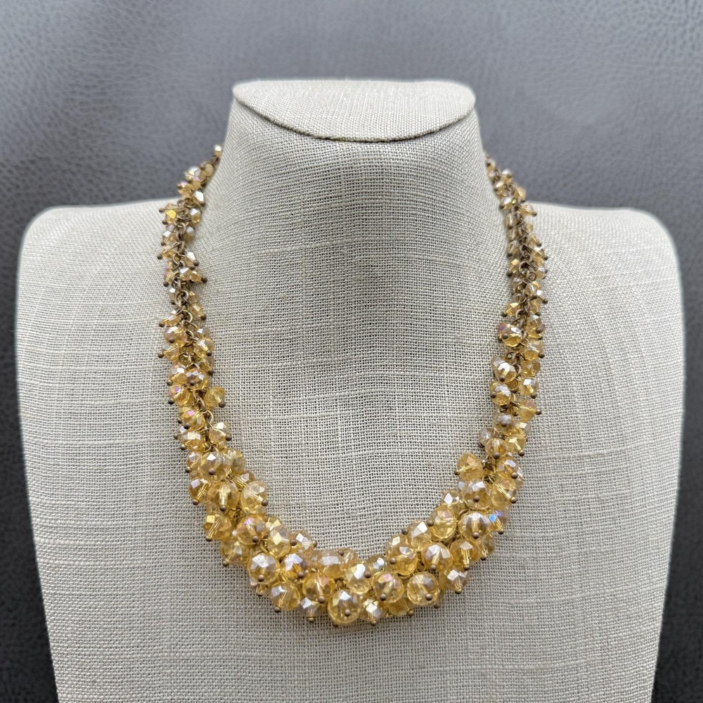 Gold Tone Crystal Beaded Cluster Necklace Brass Tone Adjustable Choker 18 Inch